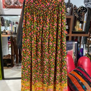 BONWIT TELLE 1970S FUNKY FLORAL PRINT NYLON MAXI SKIRT WITH BORDER DETAIL in BLACK, ORANGE, PINK
