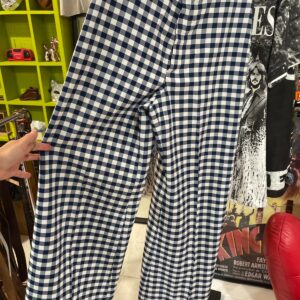 HAPPY LEGS 1970S SUPER WIDE CUFFED CHECKERED TROUSERS ATTACHED BELT in BLUE, WHITE