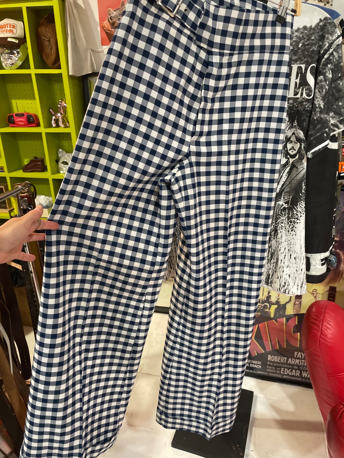 HAPPY LEGS 1970S SUPER WIDE CUFFED CHECKERED TROUSERS ATTACHED BELT in BLUE, WHITE