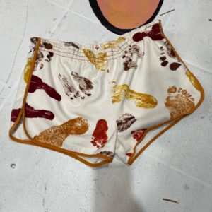 SO GOOD! RARE 1970S FOOTPRINT COTTON TWILL RUNNING SHORTS WITH ORANGE TRIM in WHITE, BROWN, ORANGE