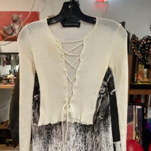 PARAPHERNALIA *AS-IS* 1960S RIBBED KNIT FULL LACE-UP TIE FRONT LONG SLEEVE TOP in WHITE, BLACK