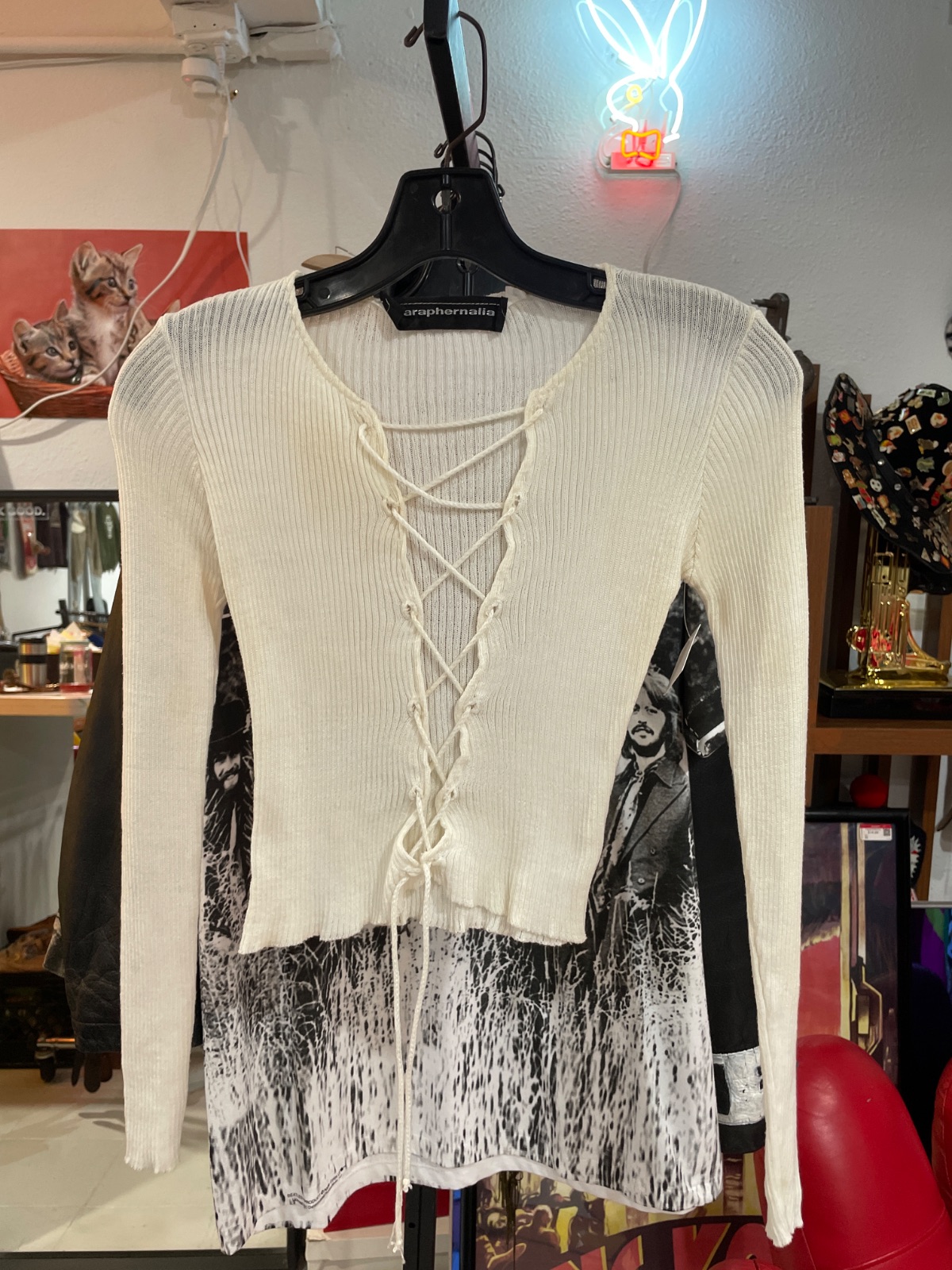 PARAPHERNALIA *AS-IS* 1960S RIBBED KNIT FULL LACE-UP TIE FRONT LONG SLEEVE TOP in WHITE, BLACK