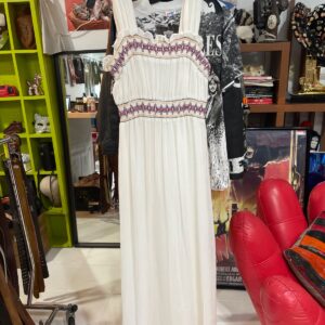 ROBERTA CALIFORNIA 1960S-70S COTTON PRAIRIE STYLE MAXI DRESS WITH EMBROIDERED & SMOCKED BODICE, WIDE STRAPS in WHITE, RED, BLUE, YELLOW