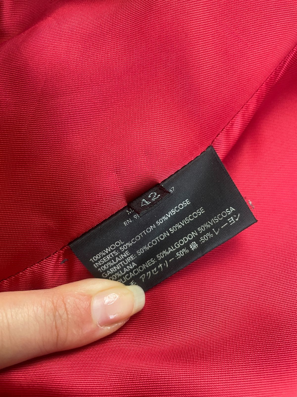 PRADA *AS-IS* LATE 90S EARLY Y2K STRUCTURED 100% WOOL FITTED TRENCH LENGTH PEACOAT, FRAYED RIBBON TRIM DETAIL in RED