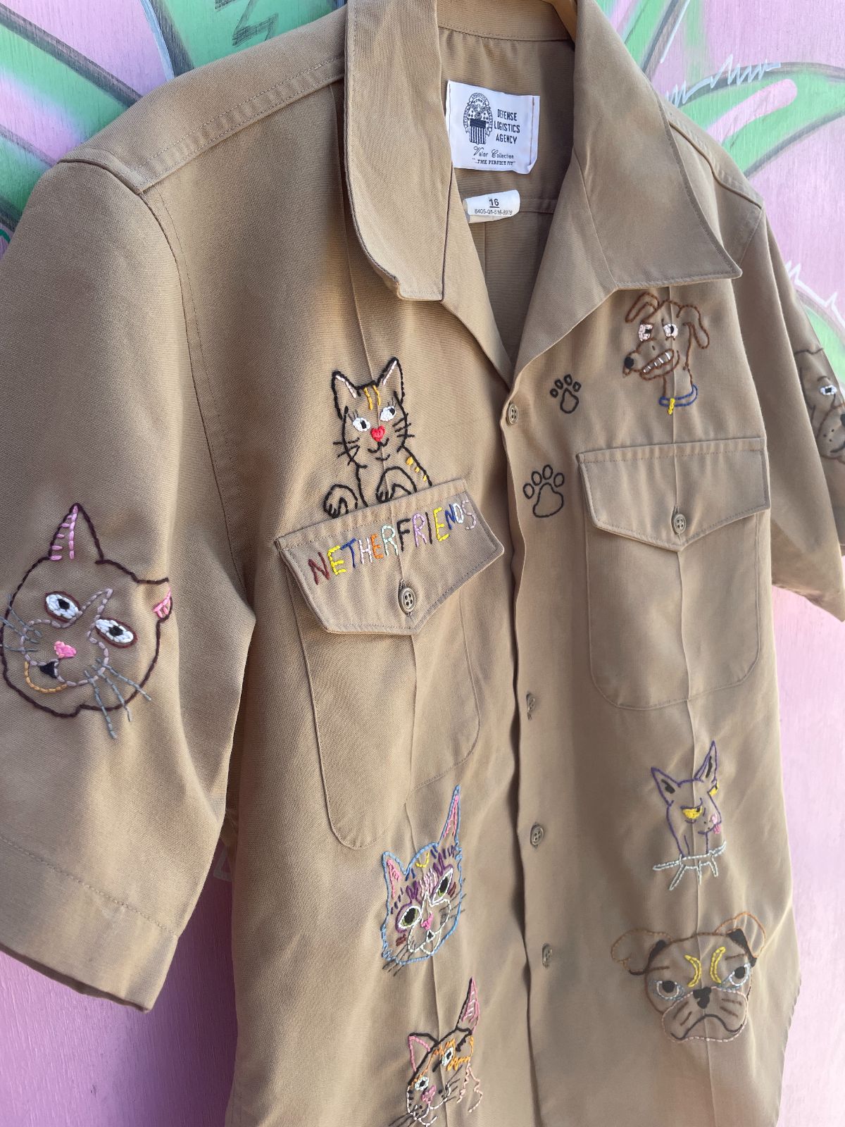 NETHERFRIENDS SHORT SLEEVE BUTTON UP W/ HAND EMBROIDERED CATS N DOGS in TAN
