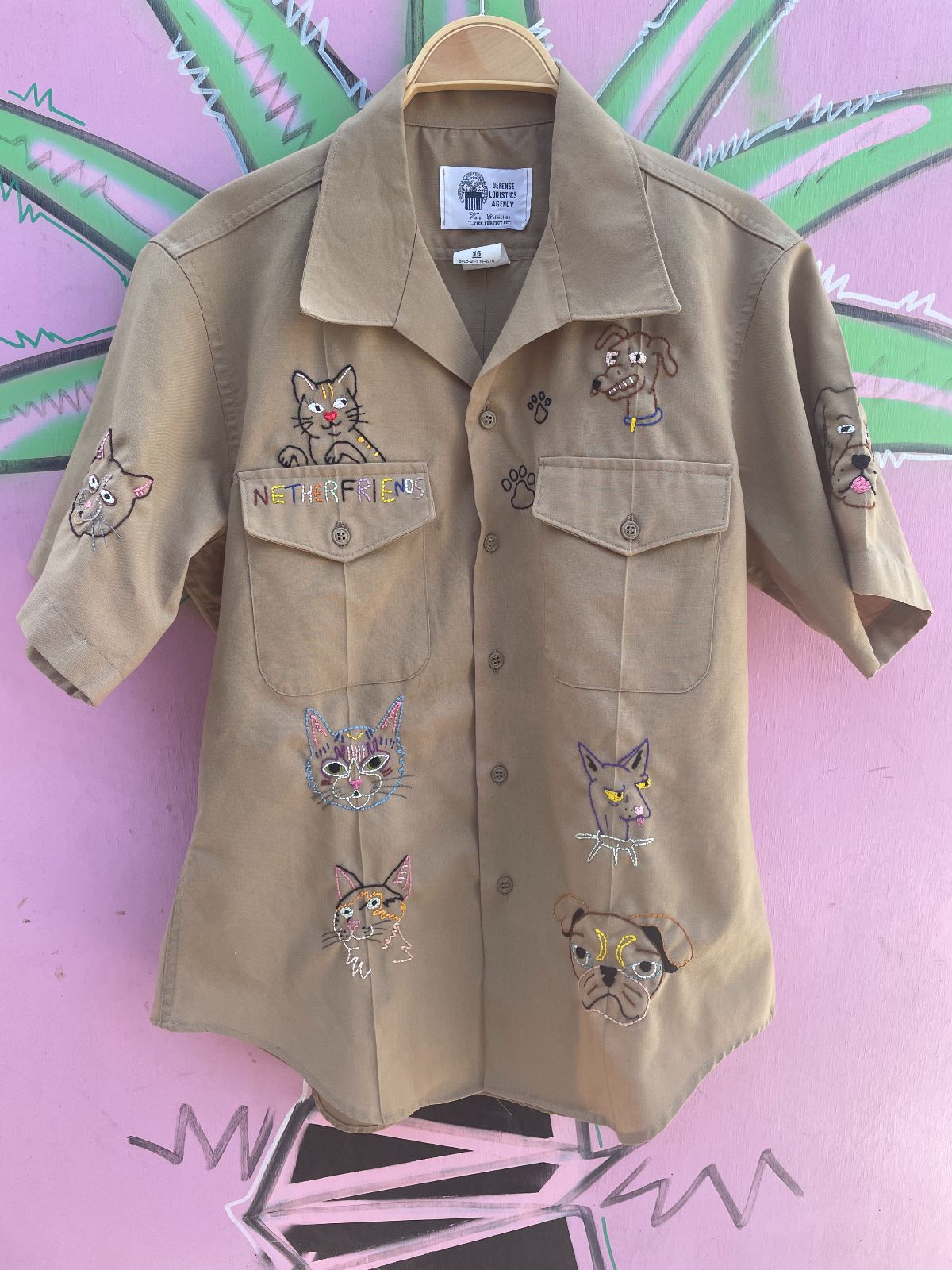 NETHERFRIENDS SHORT SLEEVE BUTTON UP W/ HAND EMBROIDERED CATS N DOGS in TAN