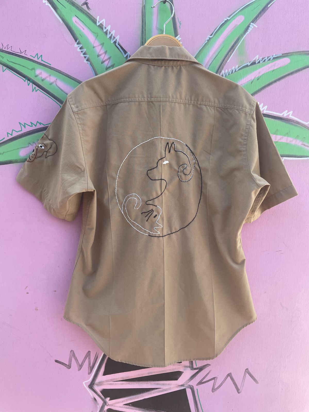 NETHERFRIENDS SHORT SLEEVE BUTTON UP W/ HAND EMBROIDERED CATS N DOGS in TAN