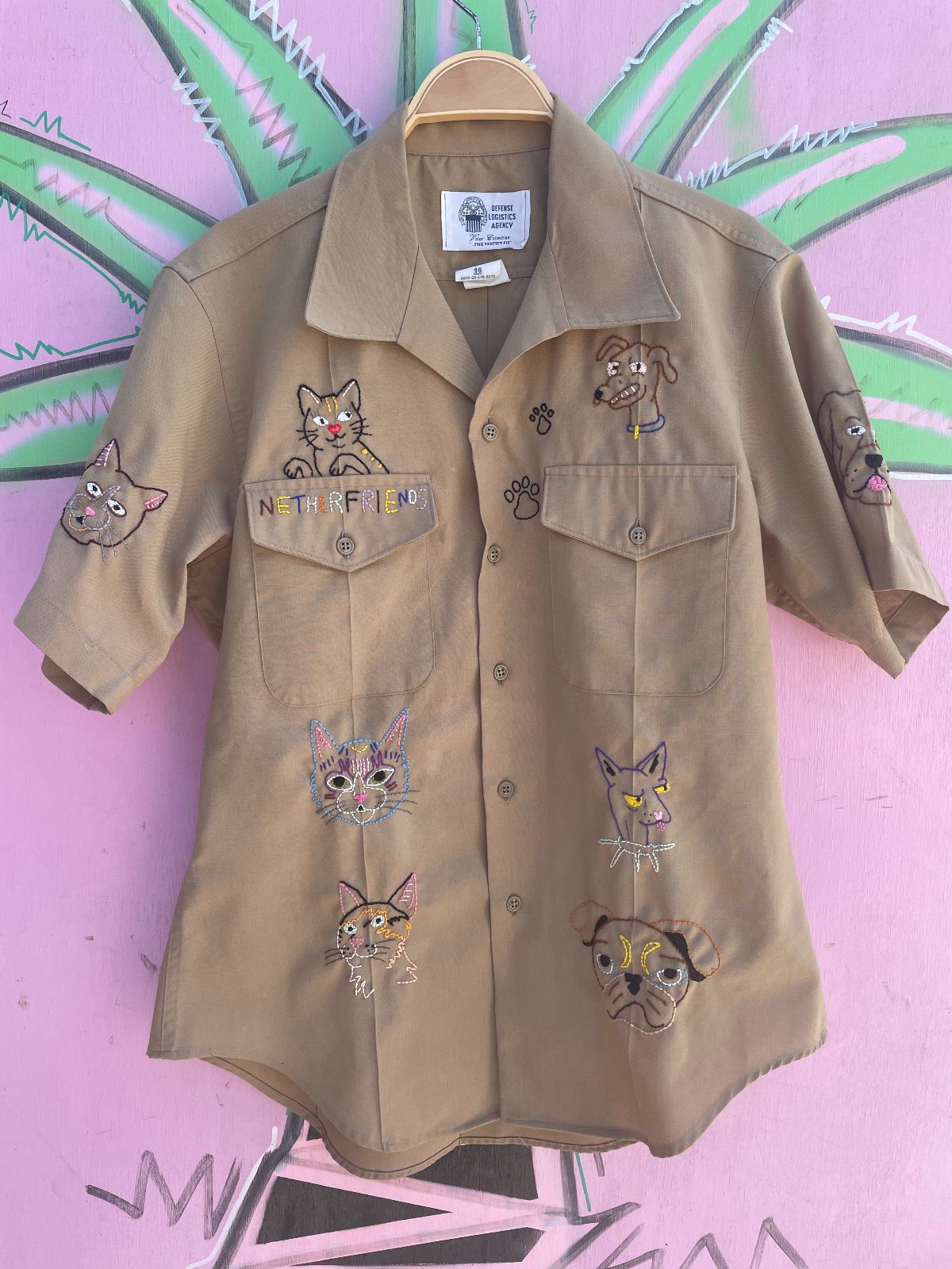 NETHERFRIENDS SHORT SLEEVE BUTTON UP W/ HAND EMBROIDERED CATS N DOGS in TAN