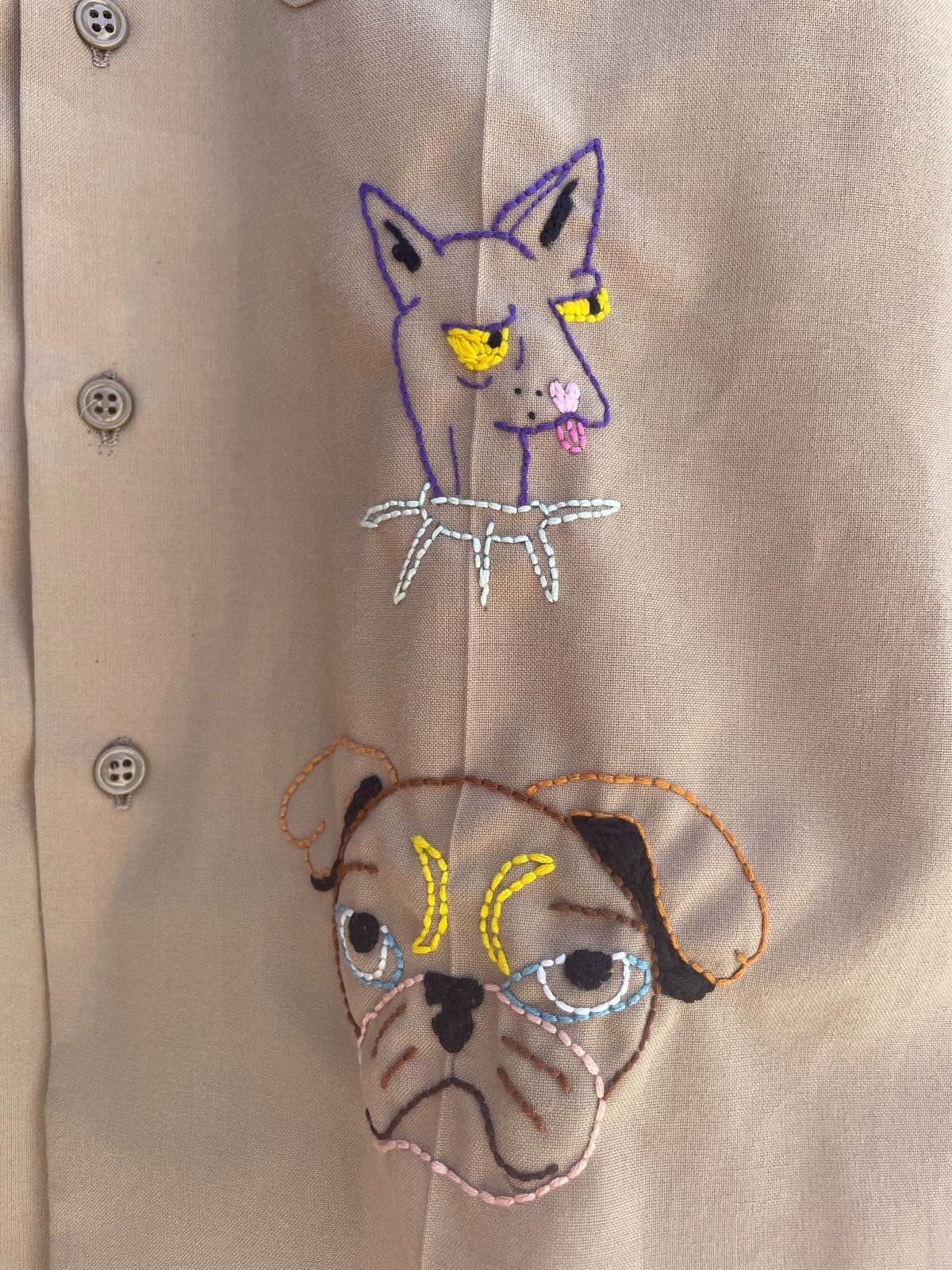NETHERFRIENDS SHORT SLEEVE BUTTON UP W/ HAND EMBROIDERED CATS N DOGS in TAN