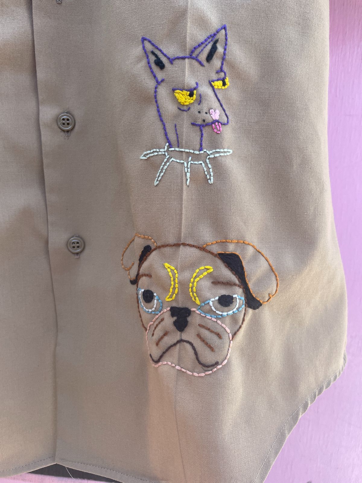 NETHERFRIENDS SHORT SLEEVE BUTTON UP W/ HAND EMBROIDERED CATS N DOGS in TAN