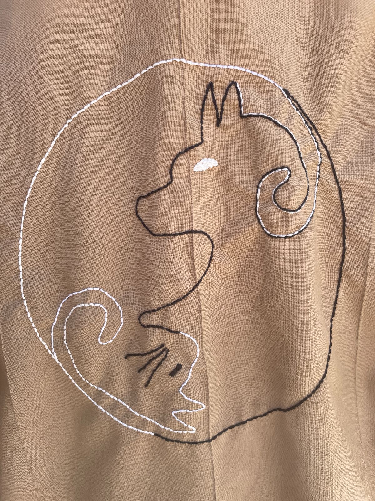 NETHERFRIENDS SHORT SLEEVE BUTTON UP W/ HAND EMBROIDERED CATS N DOGS in TAN
