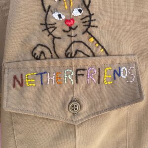 NETHERFRIENDS SHORT SLEEVE BUTTON UP W/ HAND EMBROIDERED CATS N DOGS in TAN