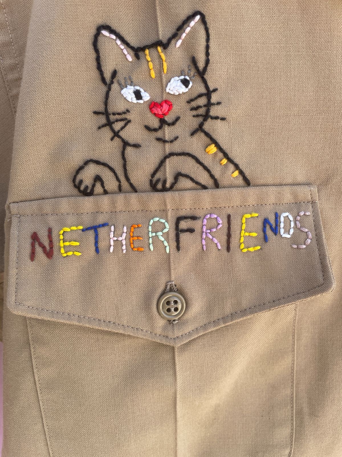NETHERFRIENDS SHORT SLEEVE BUTTON UP W/ HAND EMBROIDERED CATS N DOGS in TAN