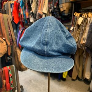 DENIM PANEL NEWSIE HAT W/ WOLF HAND EMBROIDERY in BLUE