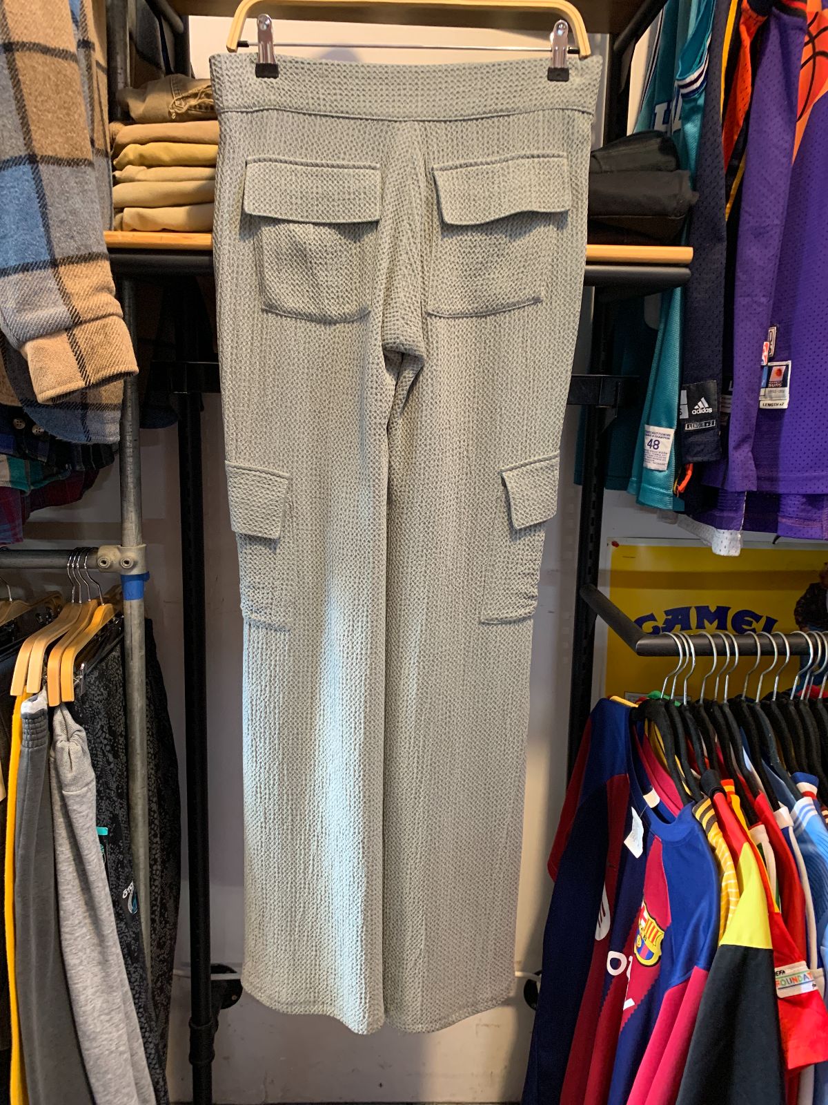 YANA K *LOCAL DESIGNER* Y2K LOWRISE WAFFLE KNIT CARGO FLARE PANTS in SAGE GREEN