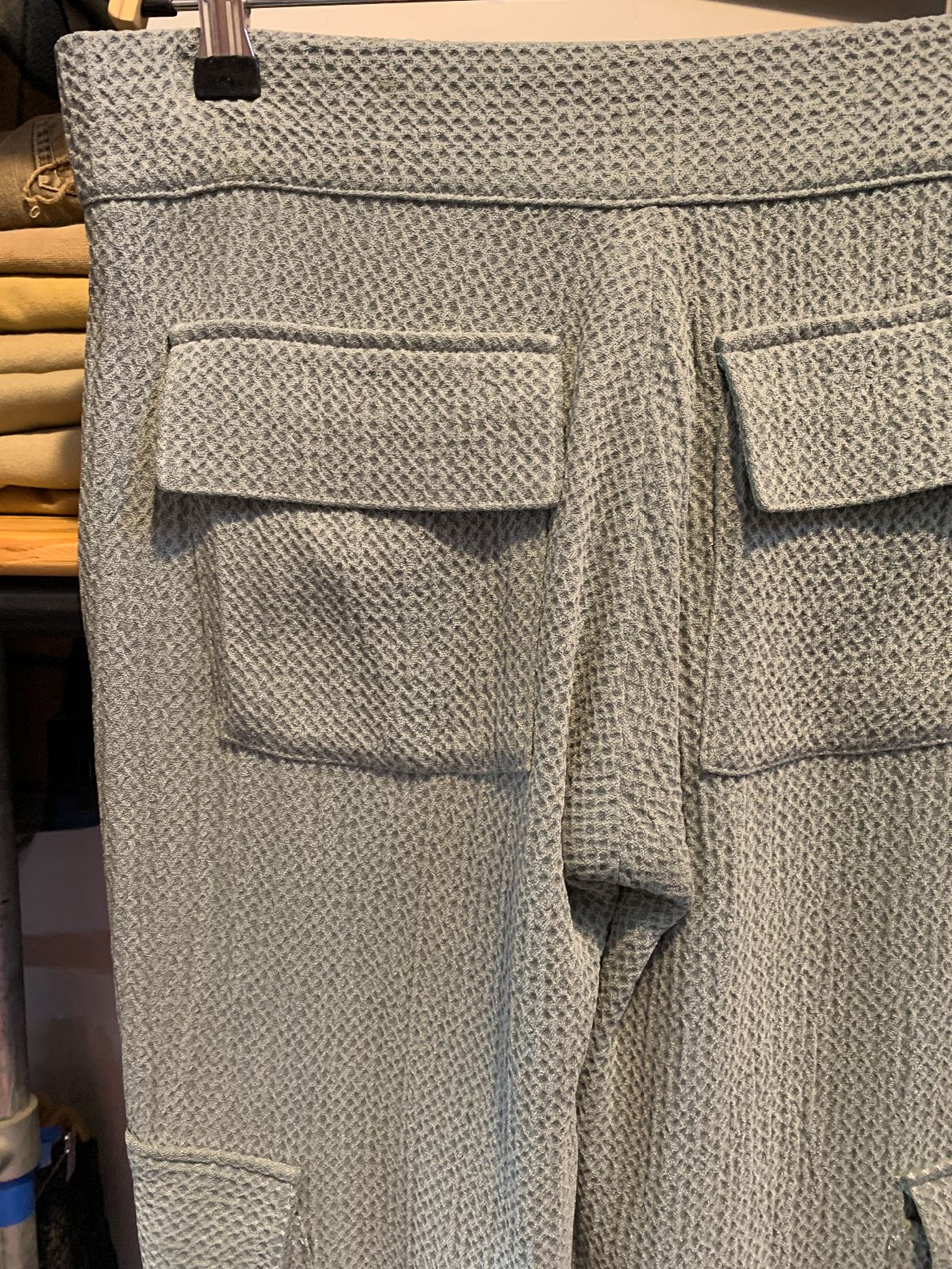 YANA K *LOCAL DESIGNER* Y2K LOWRISE WAFFLE KNIT CARGO FLARE PANTS in SAGE GREEN