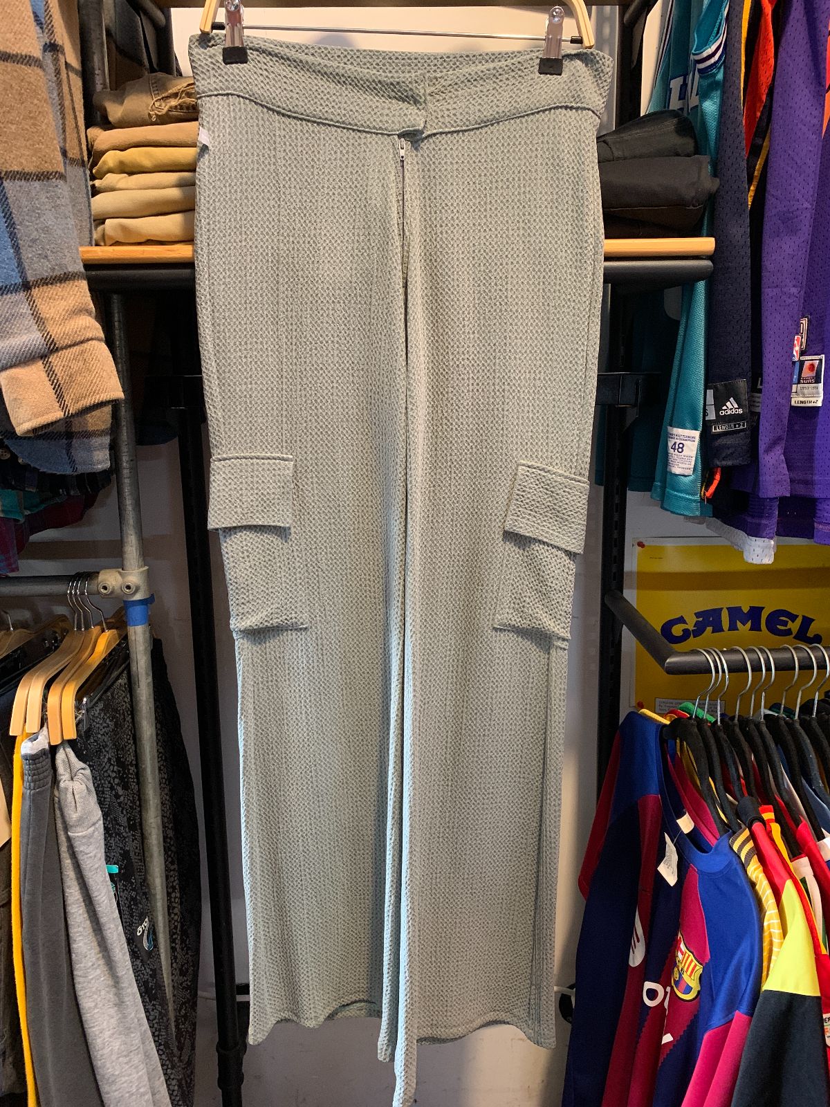 YANA K *LOCAL DESIGNER* Y2K LOWRISE WAFFLE KNIT CARGO FLARE PANTS in SAGE GREEN