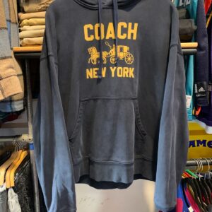 COACH *AS-IS* HOODED COACH LOGO FRENCH TREEY PULLOVER SWEATSHIRT in CHARCOAL BLACK