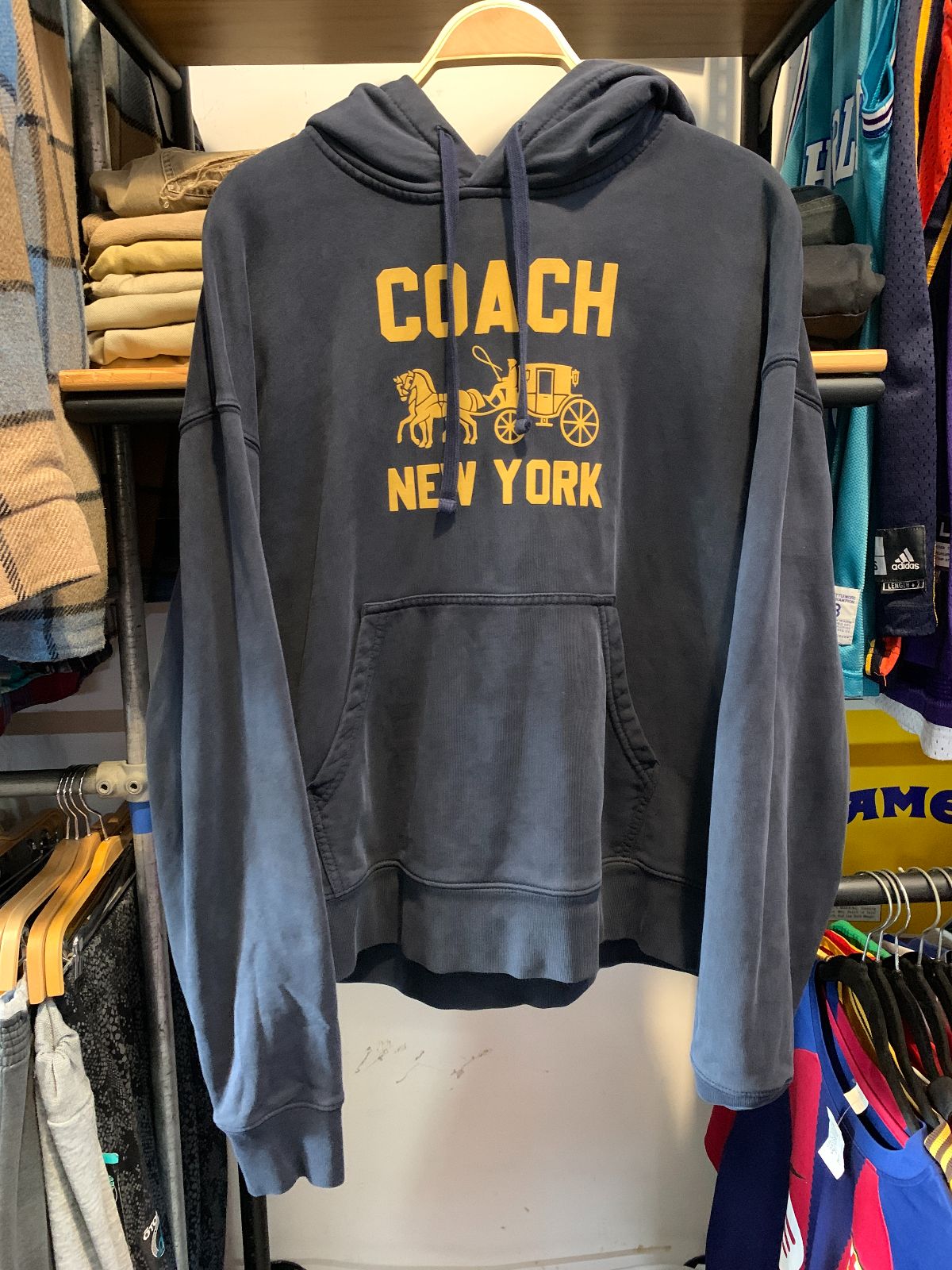COACH *AS-IS* HOODED COACH LOGO FRENCH TREEY PULLOVER SWEATSHIRT in CHARCOAL BLACK