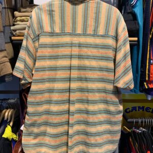 BILLABONG *AS-IS* PERFECTLY WORN-IN 100% COTTON WOVEN SHORT SLEEVE BUTTON DOWN SHIRT, LEATHER PATCH in YELLOW, TURQ