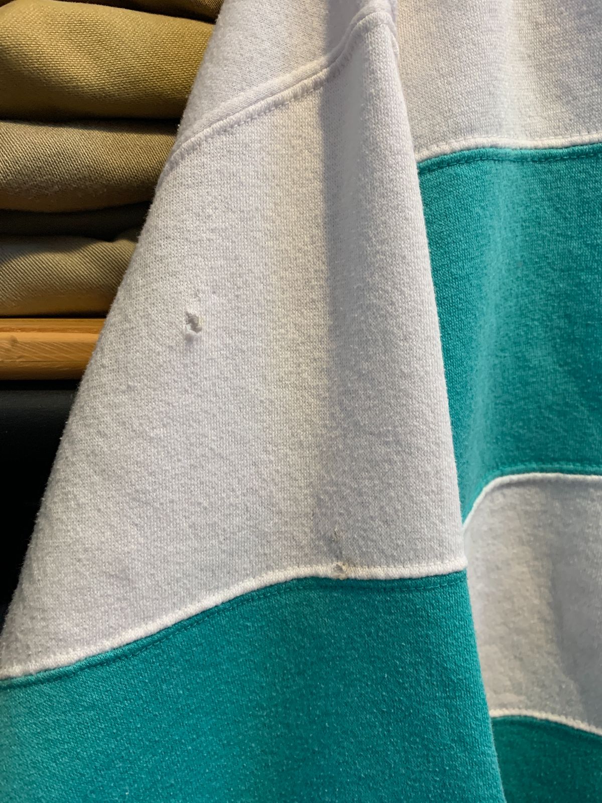 ENERGIE *AS-IS* 1990S CROPPED BOXY FIT BOLD STRIPED HIGH NECK SWEATSHIRT in WHITE, TEAL
