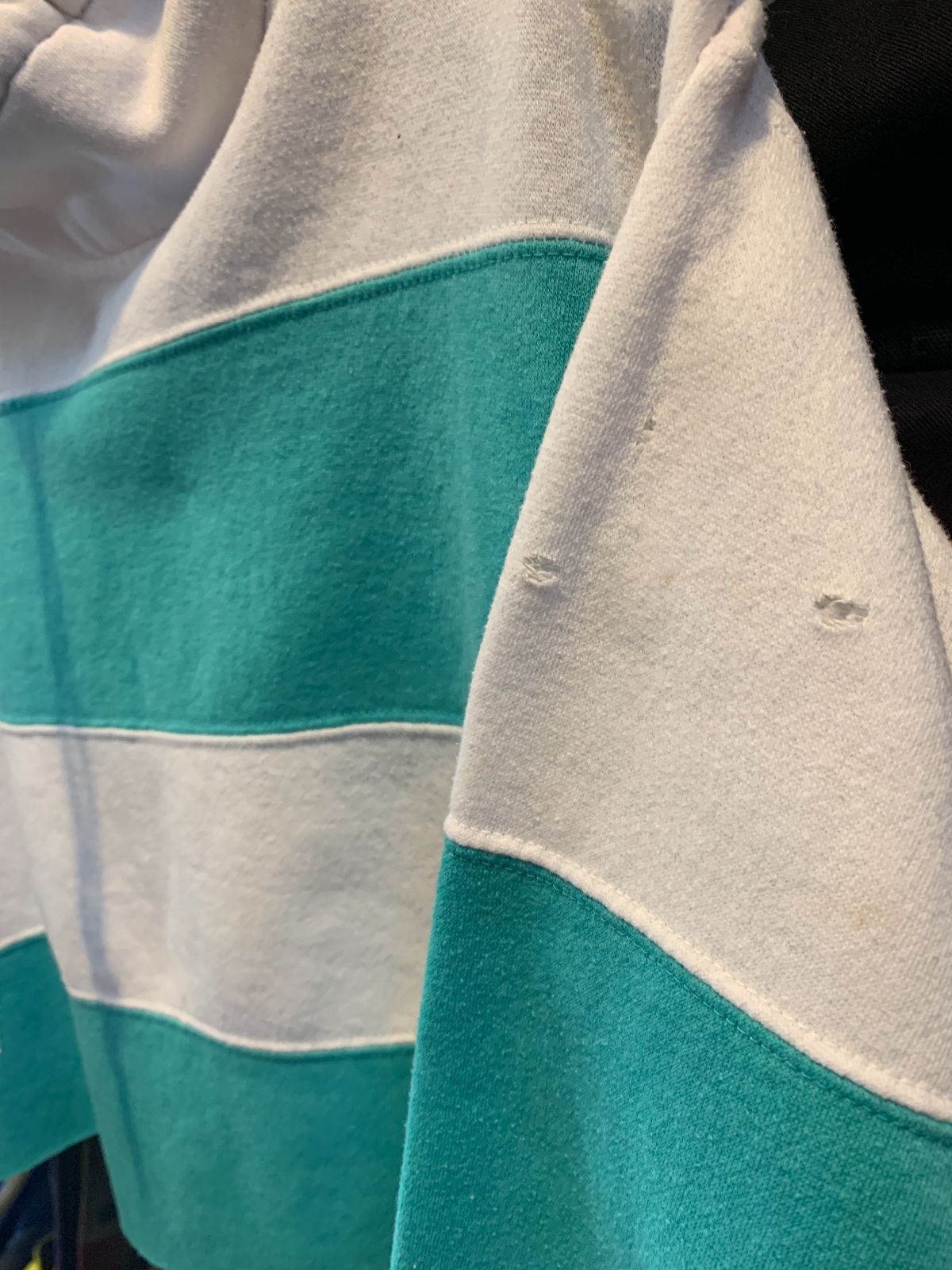 ENERGIE *AS-IS* 1990S CROPPED BOXY FIT BOLD STRIPED HIGH NECK SWEATSHIRT in WHITE, TEAL