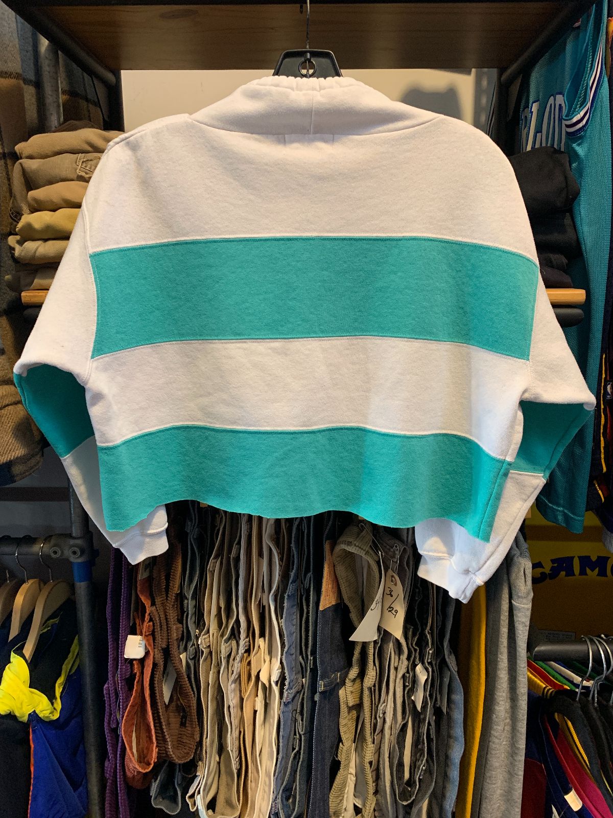 ENERGIE *AS-IS* 1990S CROPPED BOXY FIT BOLD STRIPED HIGH NECK SWEATSHIRT in WHITE, TEAL