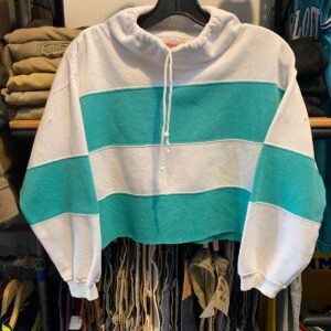 ENERGIE *AS-IS* 1990S CROPPED BOXY FIT BOLD STRIPED HIGH NECK SWEATSHIRT in WHITE, TEAL