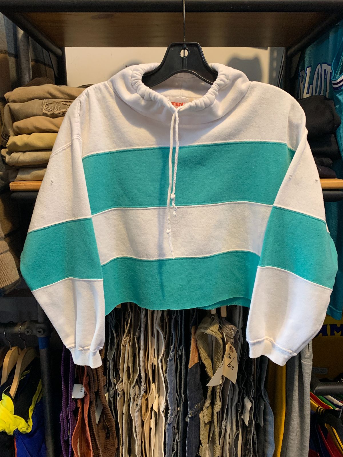 ENERGIE *AS-IS* 1990S CROPPED BOXY FIT BOLD STRIPED HIGH NECK SWEATSHIRT in WHITE, TEAL