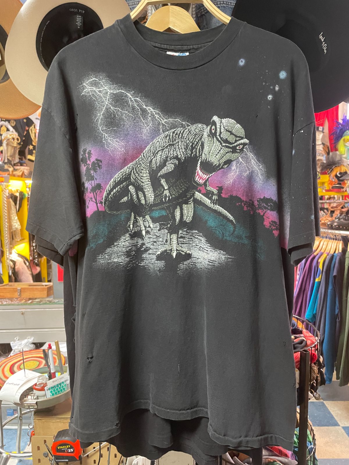*AS-IS* THRASHED! T-REX ALLOVER PRINT T-SHIRT in BLACK