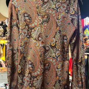 1960S-70S PAISLEY PRINT LONG SLEEVE BUTTON DOWN SHIRT SMALL FIT DAGGER COLLAR in BROWN, ORANGE, YELLOW, BLUE, GREEN