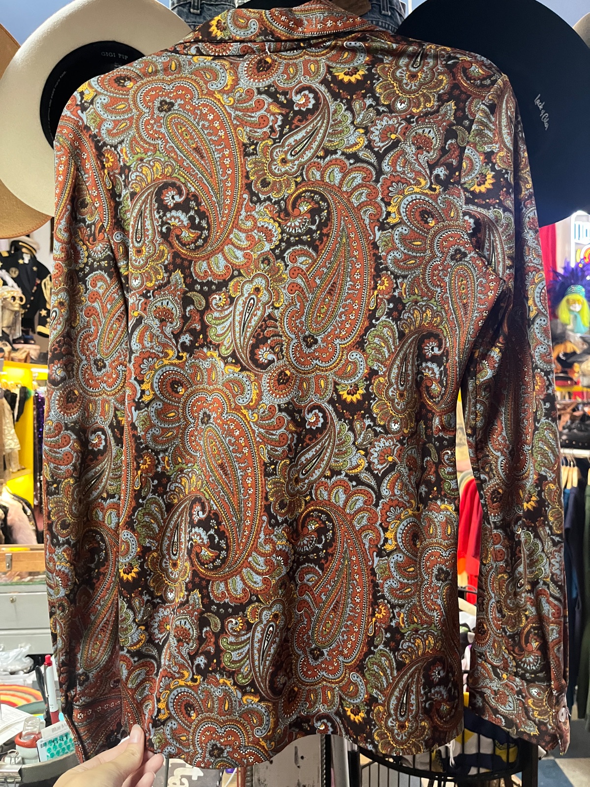 1960S-70S PAISLEY PRINT LONG SLEEVE BUTTON DOWN SHIRT SMALL FIT DAGGER COLLAR in BROWN, ORANGE, YELLOW, BLUE, GREEN