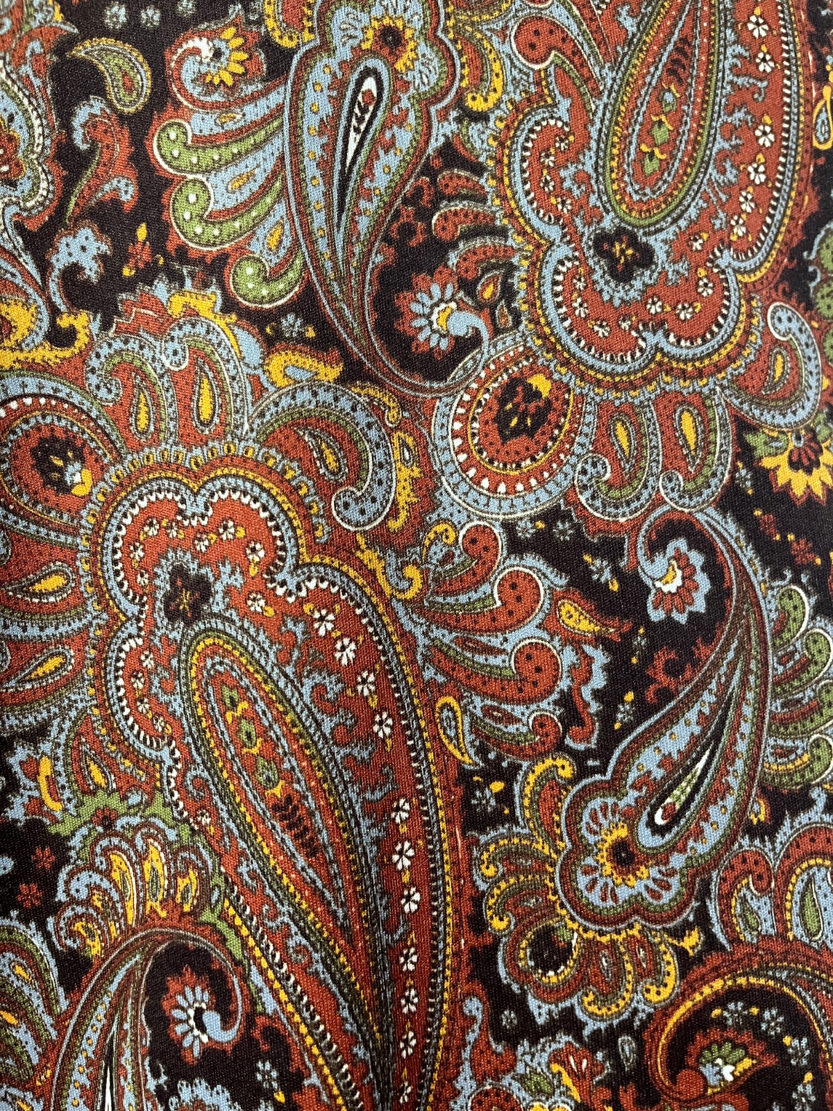 1960S-70S PAISLEY PRINT LONG SLEEVE BUTTON DOWN SHIRT SMALL FIT DAGGER COLLAR in BROWN, ORANGE, YELLOW, BLUE, GREEN