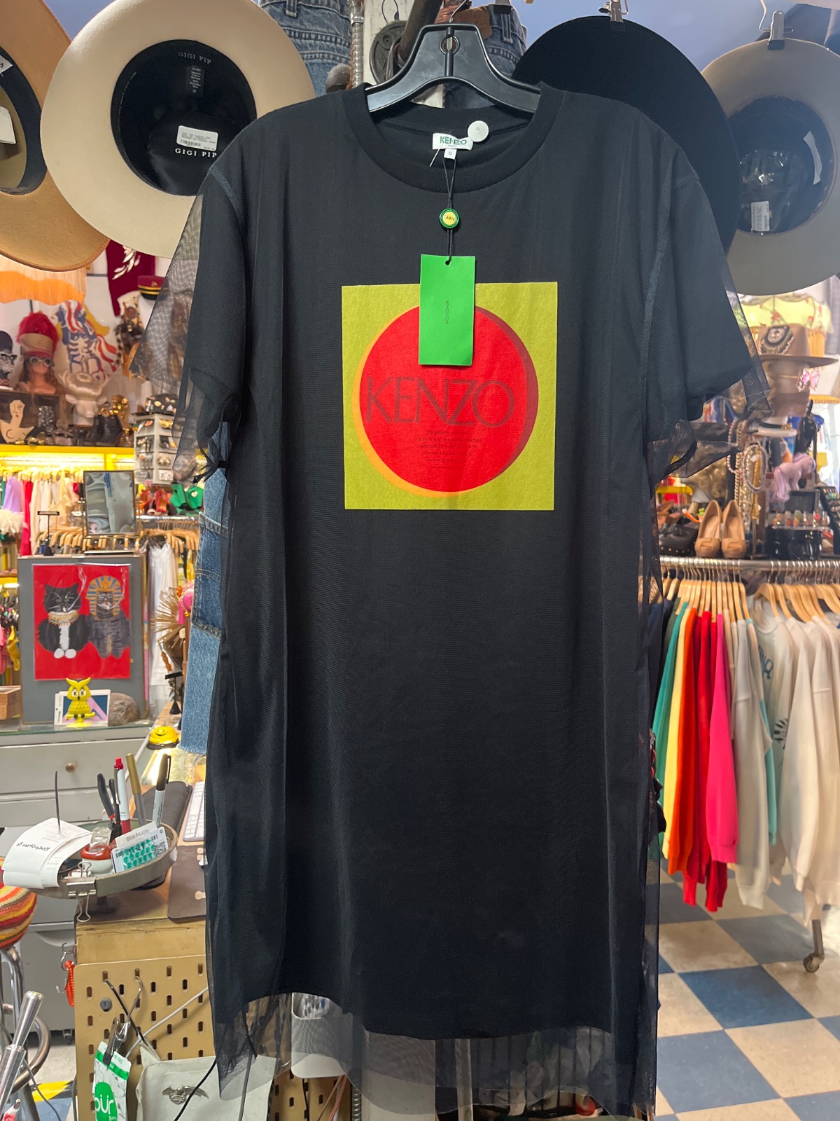 KENZO NWT KENZO PARIS! BOLD GRAPHIC T SHIRT DRESS WITH LAYERED MESH in BLACK, RED, YELLOW
