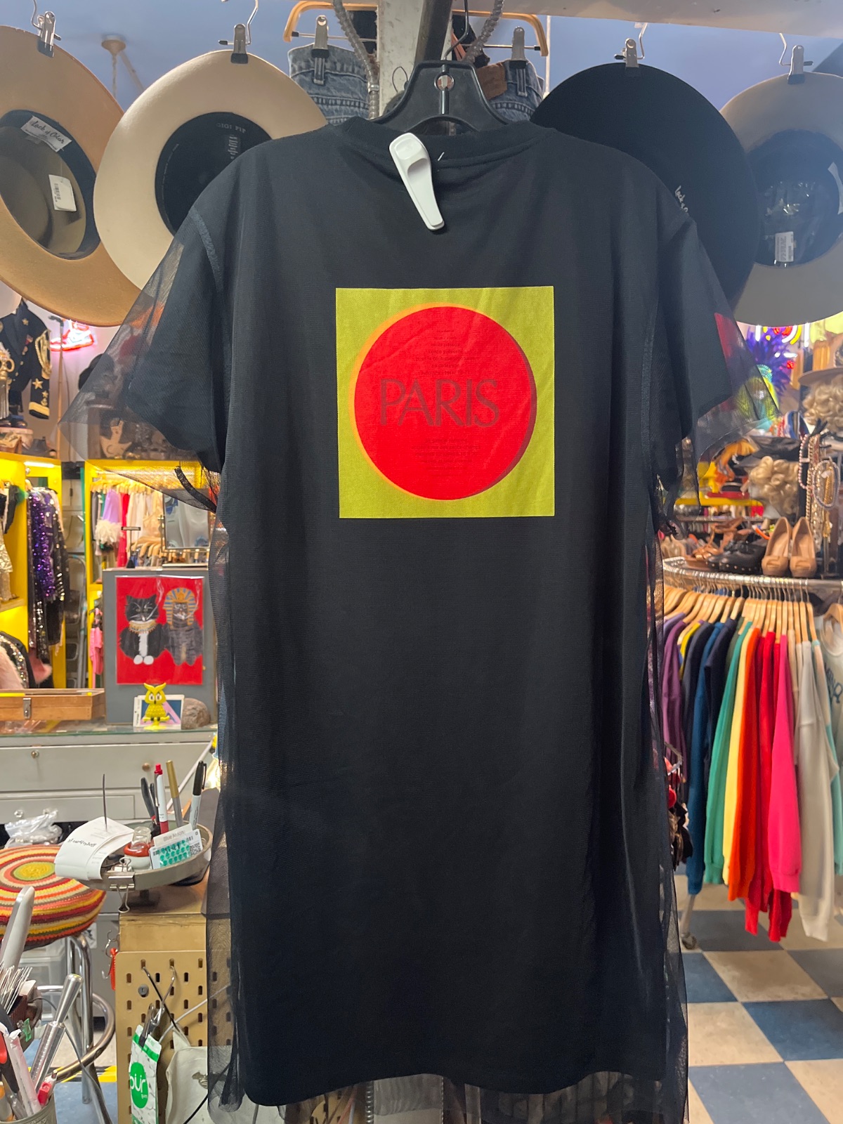 KENZO NWT KENZO PARIS! BOLD GRAPHIC T SHIRT DRESS WITH LAYERED MESH in BLACK, RED, YELLOW