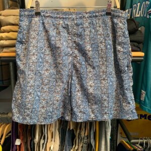 PACIFIC SCENE 1990S FUNKY PRINT DRAWSTRING NYLON SWIM SHORTS W/ MESH INNER LINING in BLUE, BLACK, BROWN