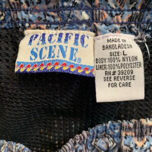 PACIFIC SCENE 1990S FUNKY PRINT DRAWSTRING NYLON SWIM SHORTS W/ MESH INNER LINING in BLUE, BLACK, BROWN
