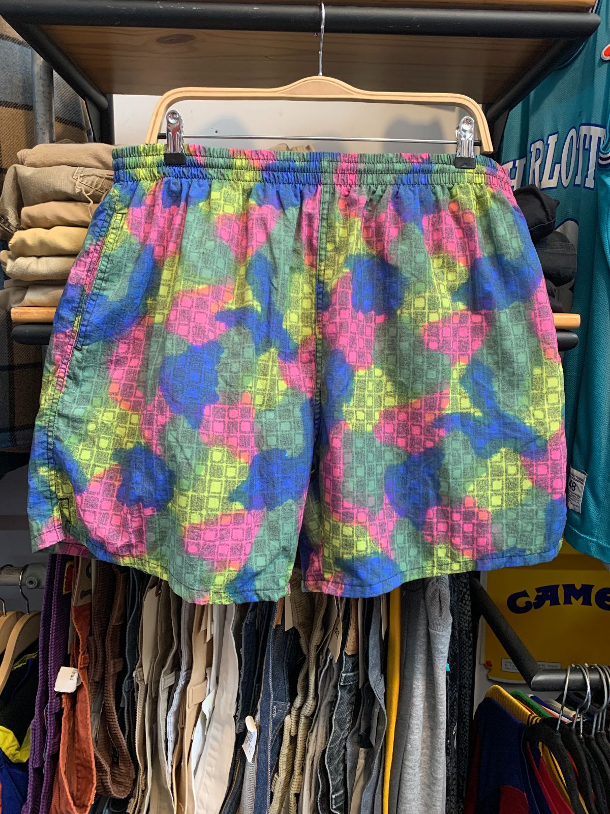 GITANO RAD! 1980S-90S FUNKY PRINT SWIM SHORTS WITH BLACK DRAWSTRING in PINK, YELLOW, BLUE