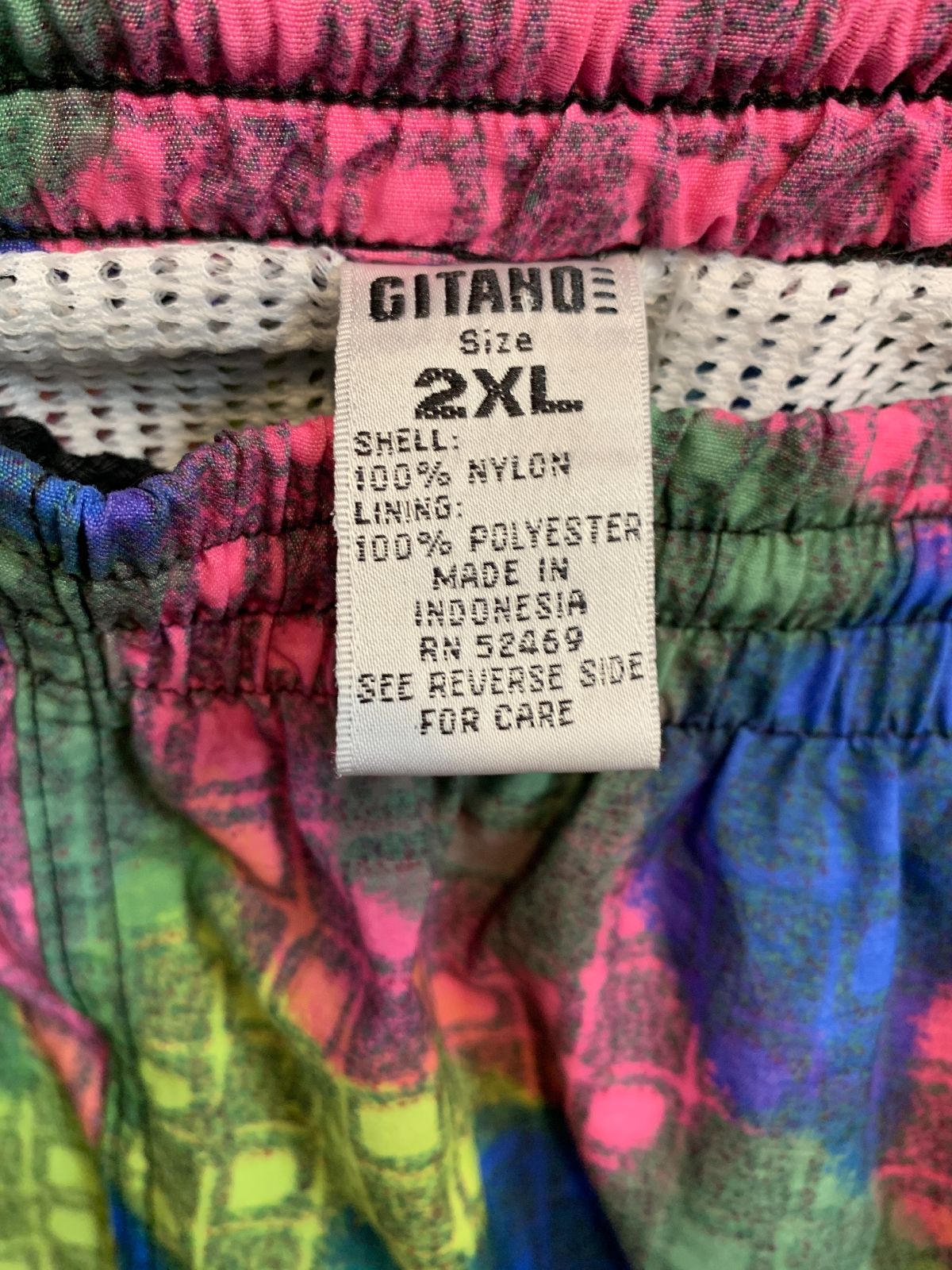 GITANO RAD! 1980S-90S FUNKY PRINT SWIM SHORTS WITH BLACK DRAWSTRING in PINK, YELLOW, BLUE