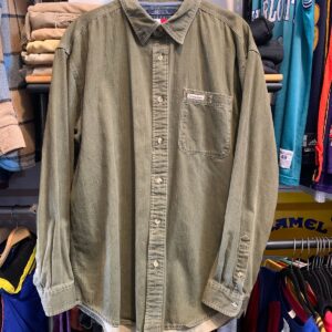 TOMMY HILFIGER NICE! MADE IN HONG KONG OVERDYED OLIVE DENIM BUTTON DOWN SHIRT in OLIVE GREEN
