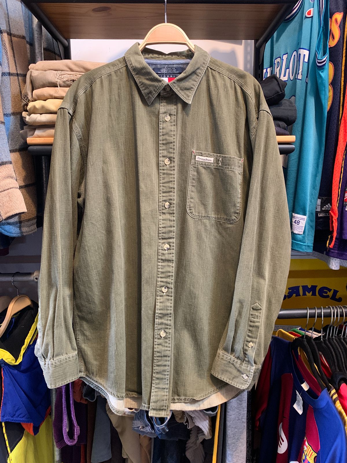 TOMMY HILFIGER NICE! MADE IN HONG KONG OVERDYED OLIVE DENIM BUTTON DOWN SHIRT in OLIVE GREEN