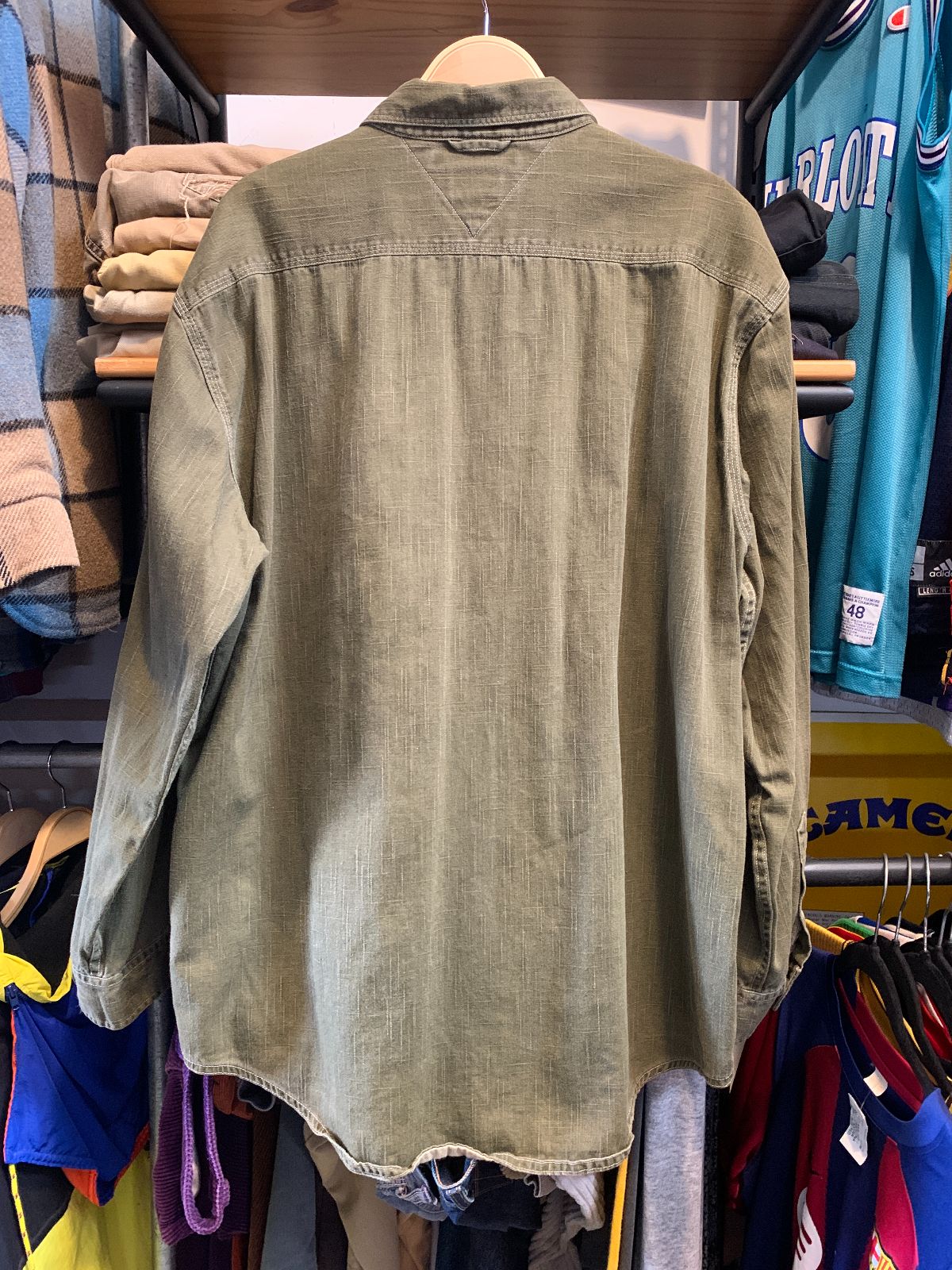 TOMMY HILFIGER NICE! MADE IN HONG KONG OVERDYED OLIVE DENIM BUTTON DOWN SHIRT in OLIVE GREEN