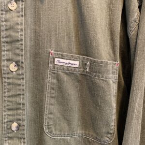 TOMMY HILFIGER NICE! MADE IN HONG KONG OVERDYED OLIVE DENIM BUTTON DOWN SHIRT in OLIVE GREEN