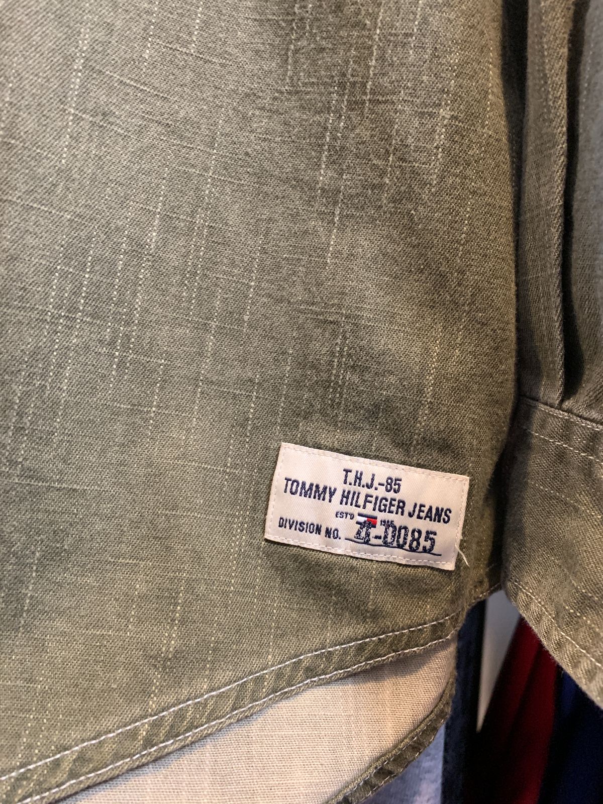 TOMMY HILFIGER NICE! MADE IN HONG KONG OVERDYED OLIVE DENIM BUTTON DOWN SHIRT in OLIVE GREEN