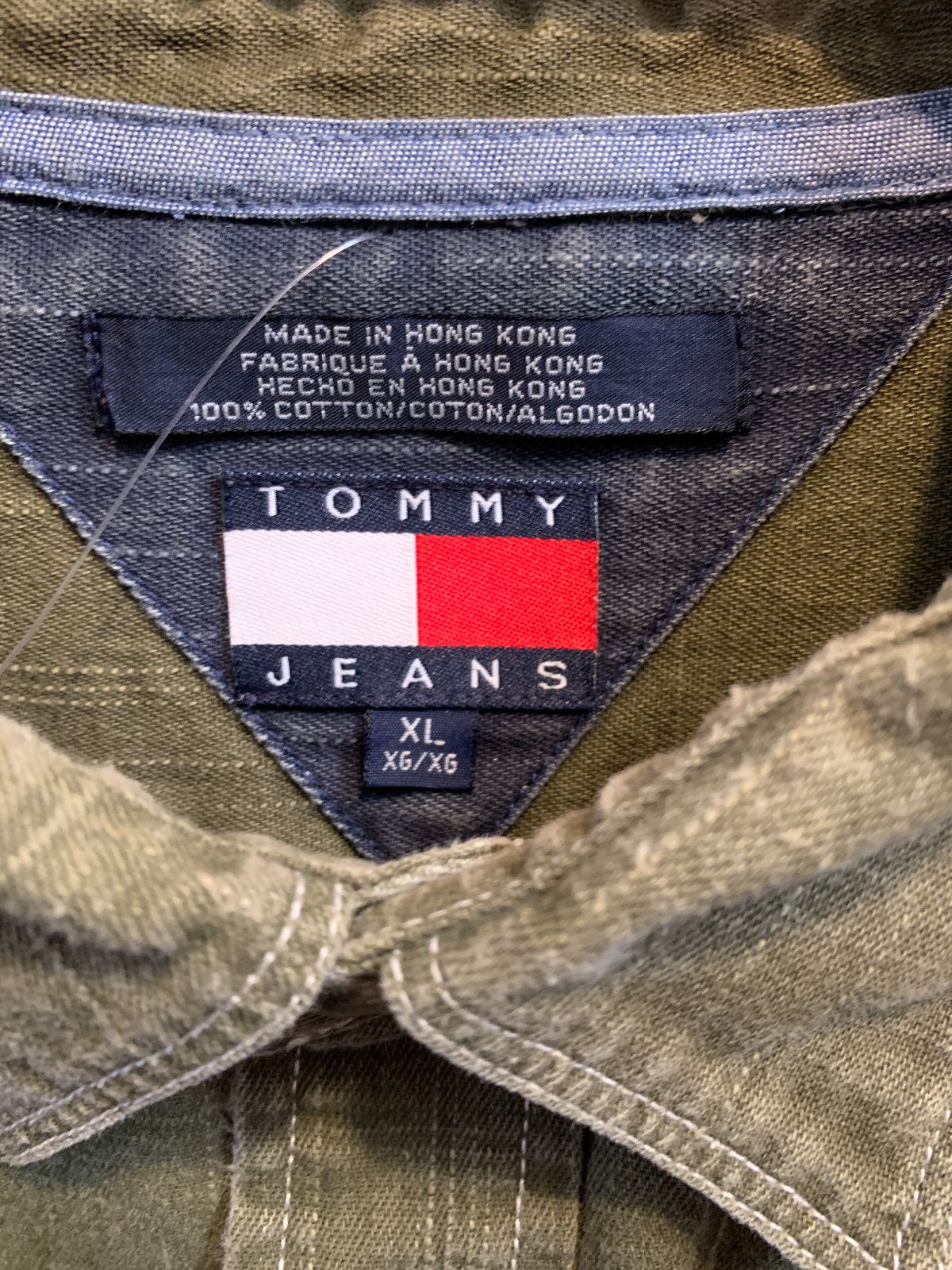 TOMMY HILFIGER NICE! MADE IN HONG KONG OVERDYED OLIVE DENIM BUTTON DOWN SHIRT in OLIVE GREEN