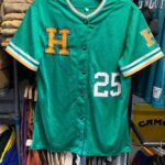 EMBROIDERED LETTER H – SHORT SLEEVE NYLON SNAP BUTTON JERSEY, STRIPED SLEEVES #25