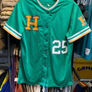 EMBROIDERED LETTER H - SHORT SLEEVE NYLON SNAP BUTTON JERSEY, STRIPED SLEEVES #25 in GREEN, YELLOW