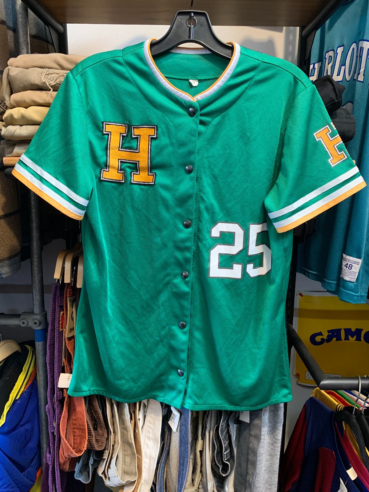 EMBROIDERED LETTER H - SHORT SLEEVE NYLON SNAP BUTTON JERSEY, STRIPED SLEEVES #25 in GREEN, YELLOW