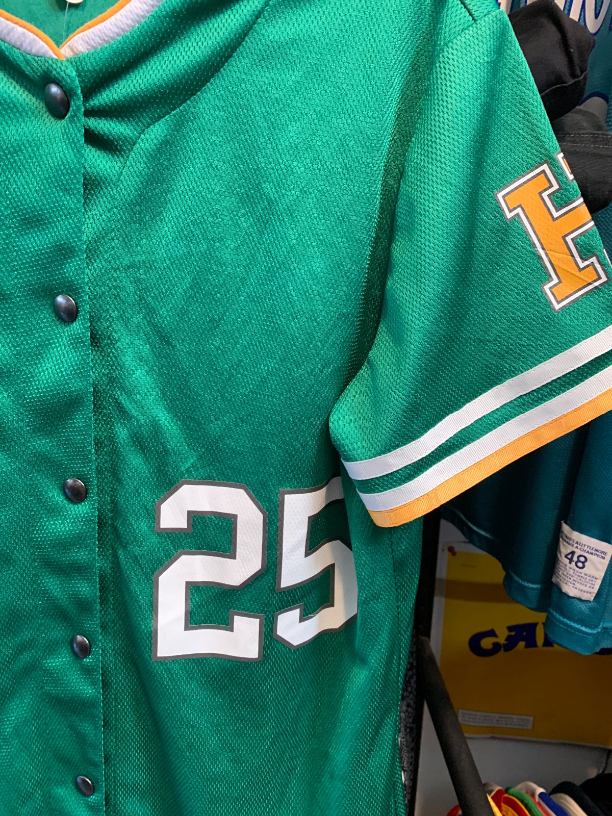 EMBROIDERED LETTER H - SHORT SLEEVE NYLON SNAP BUTTON JERSEY, STRIPED SLEEVES #25 in GREEN, YELLOW