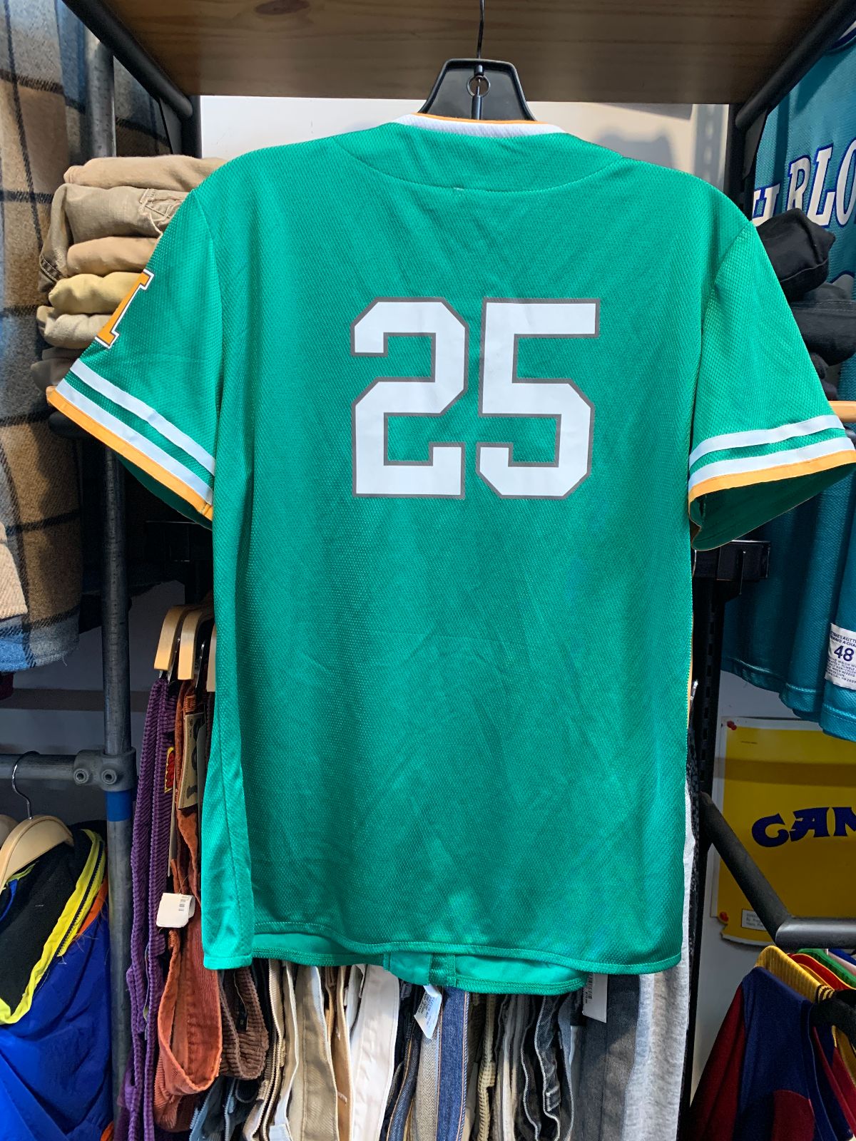 EMBROIDERED LETTER H - SHORT SLEEVE NYLON SNAP BUTTON JERSEY, STRIPED SLEEVES #25 in GREEN, YELLOW
